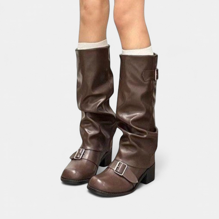 Evelyn | Chic Slouch Knee High Boots with Buckle Block Heel