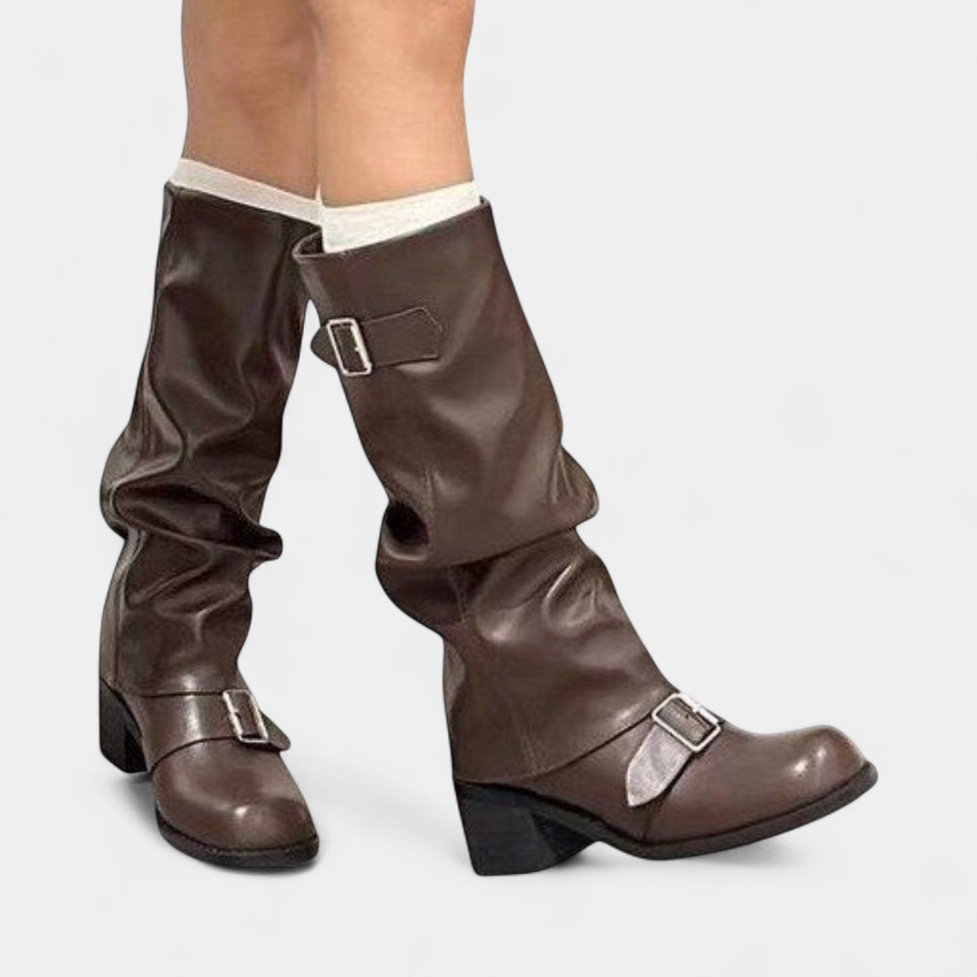 Evelyn | Chic Slouch Knee High Boots with Buckle Block Heel