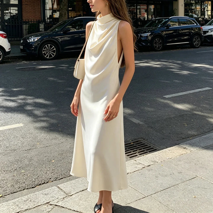 Evelyn | Polished Draped Halter Maxi Holiday Dress