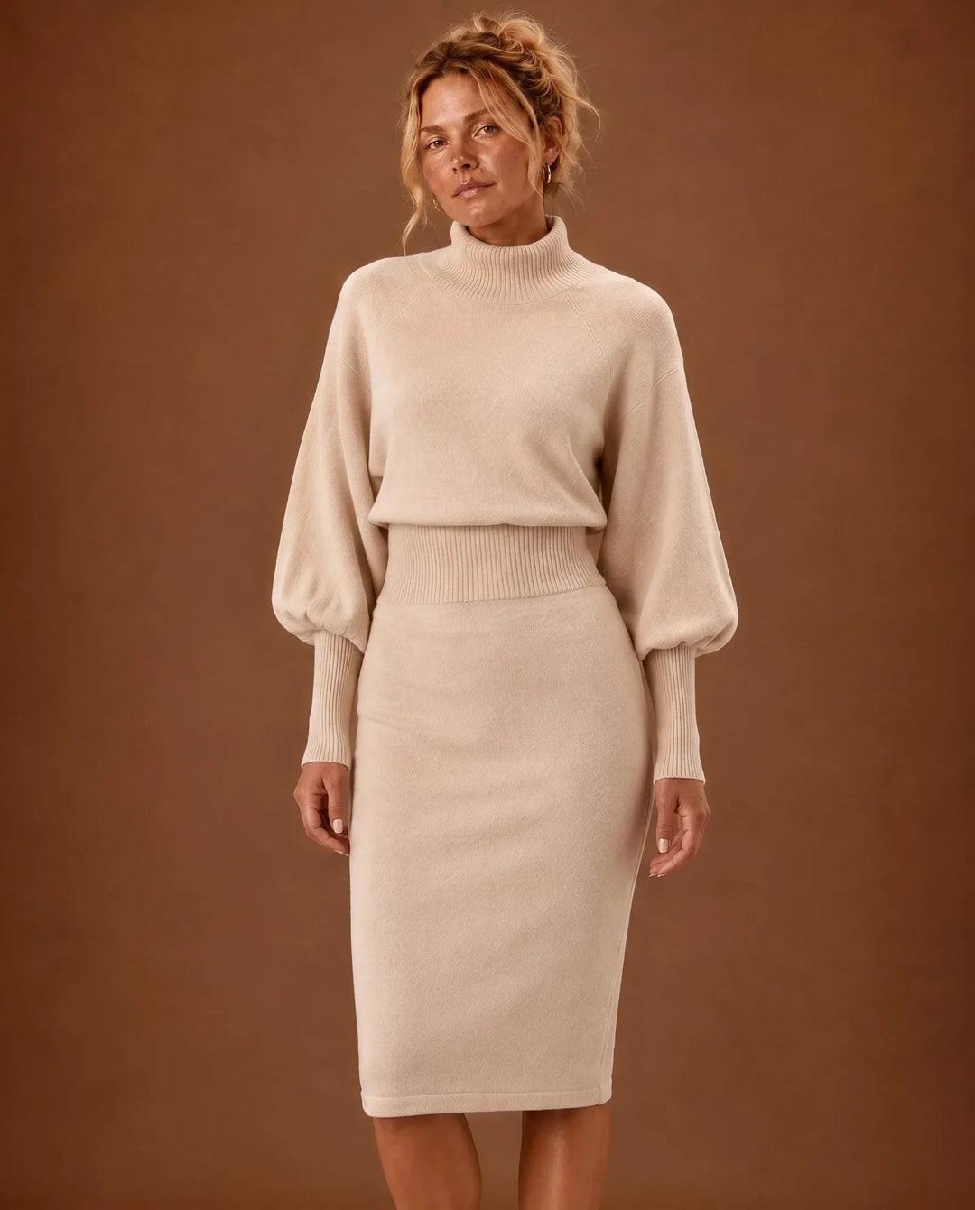 Frances | Classic Balloon Sleeve Turtleneck Midi Sweater Dress