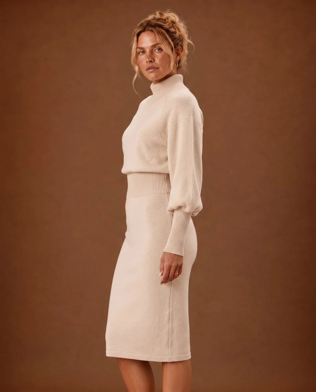 Frances | Classic Balloon Sleeve Turtleneck Midi Sweater Dress