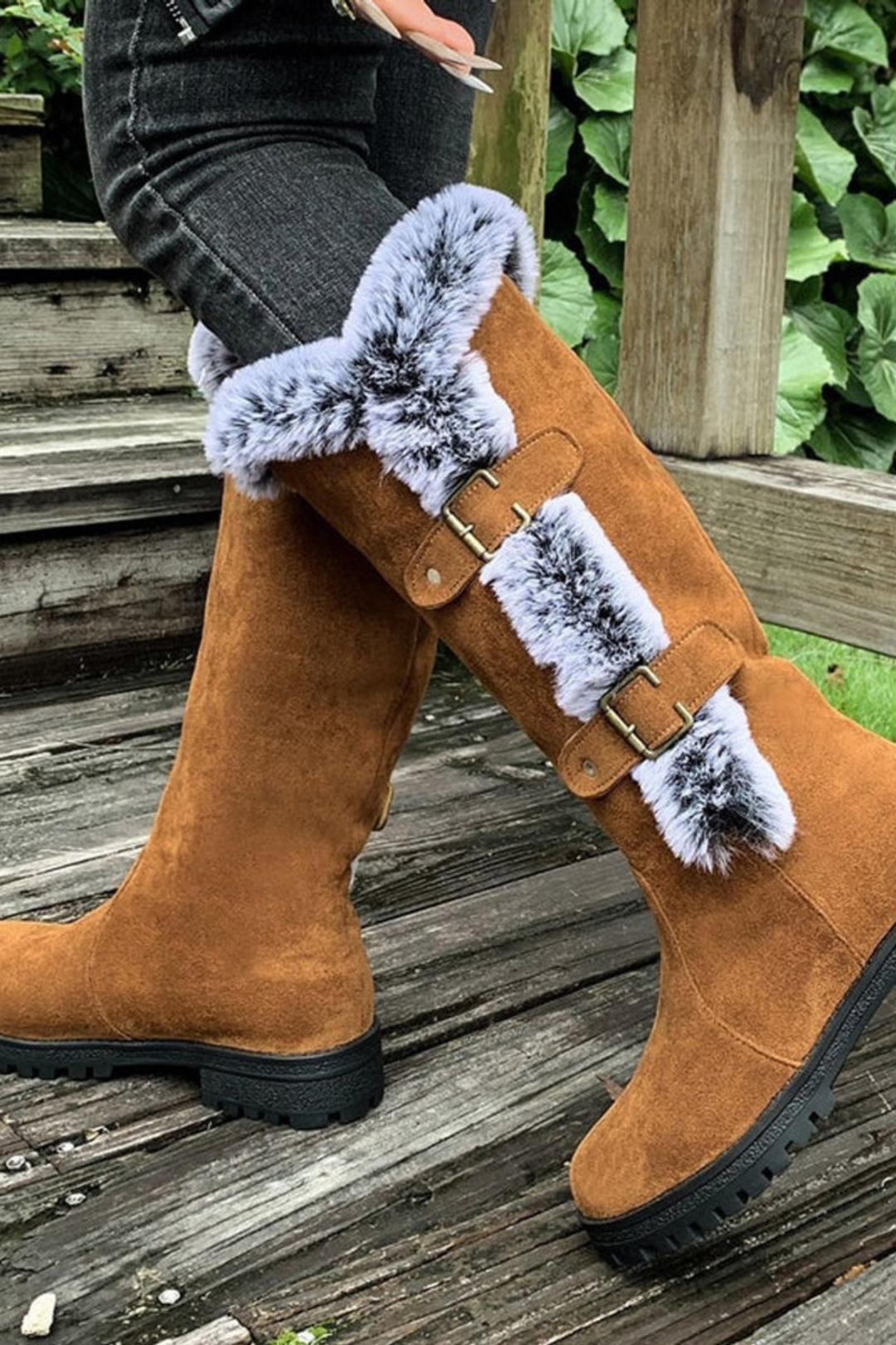 Frances | Elegant Fur-Trim Wide Calf Knee High Boots