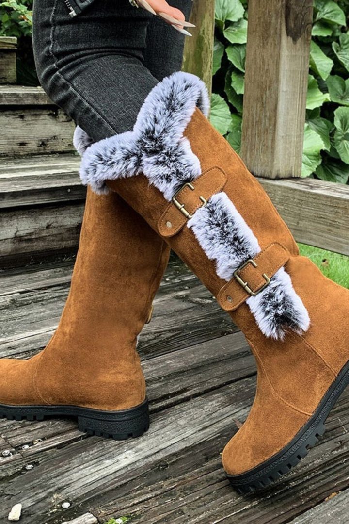 Frances | Elegant Fur-Trim Wide Calf Knee High Boots