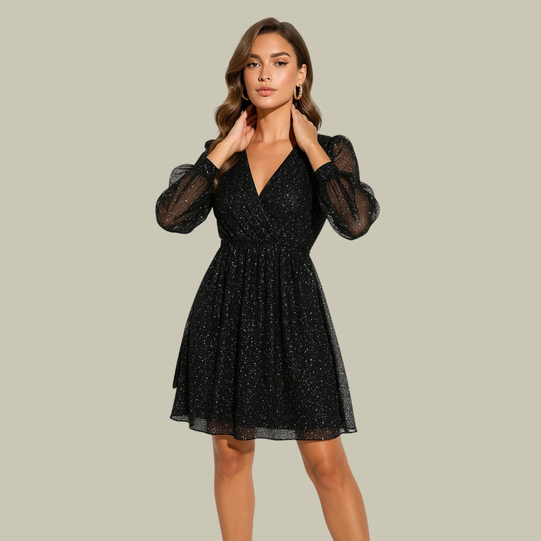 Frances | Elegant Sequin Wrap Puff Sleeve Fall Wedding Guest Dress