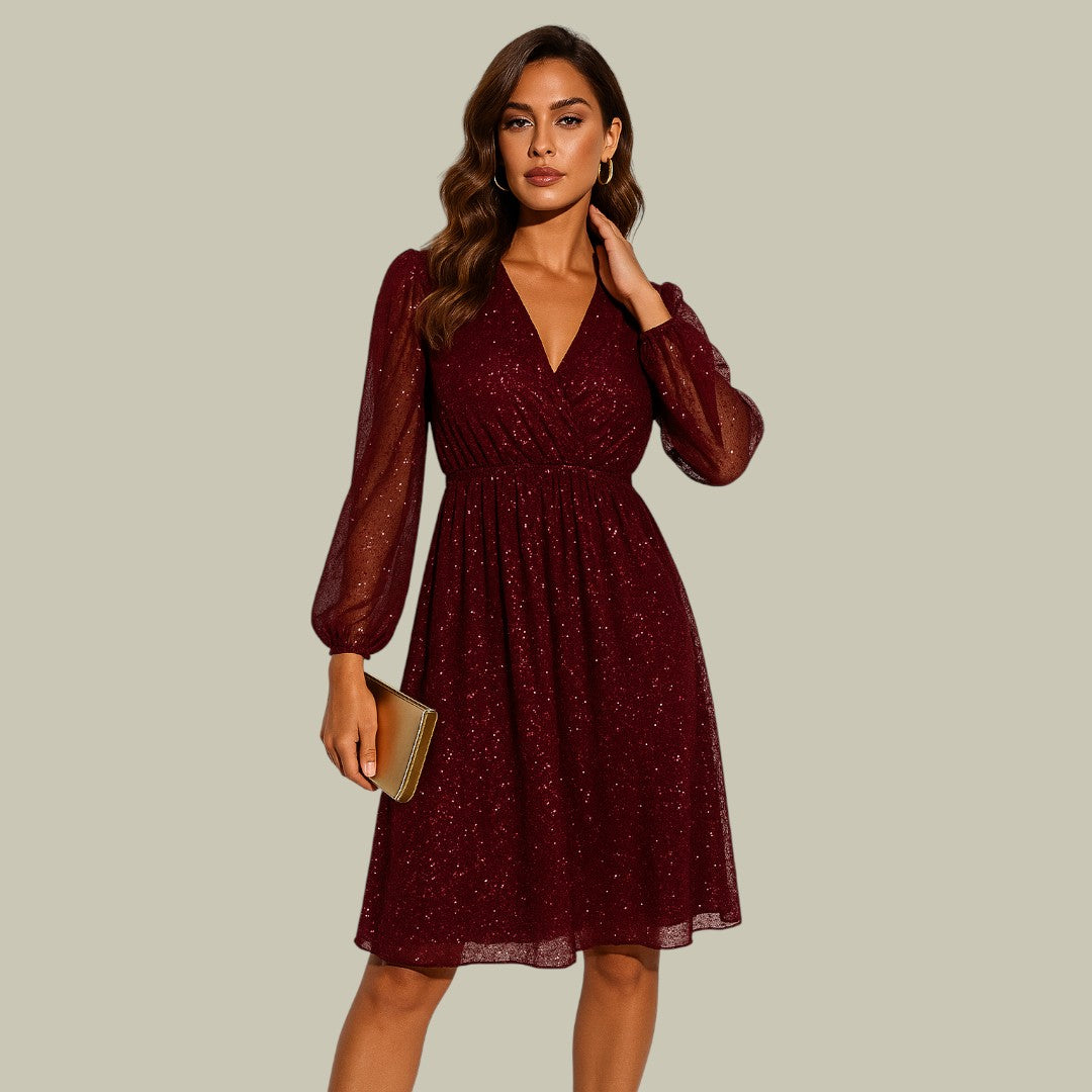 Frances | Elegant Sequin Wrap Puff Sleeve Fall Wedding Guest Dress