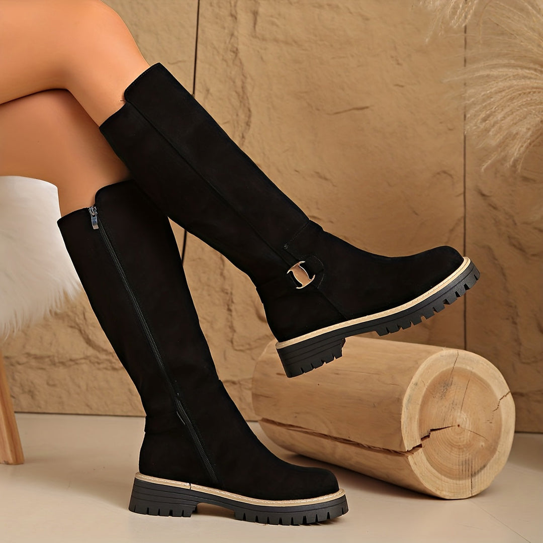 Frances | Polished Buckle Detail Knee High Boots with Lug Sole
