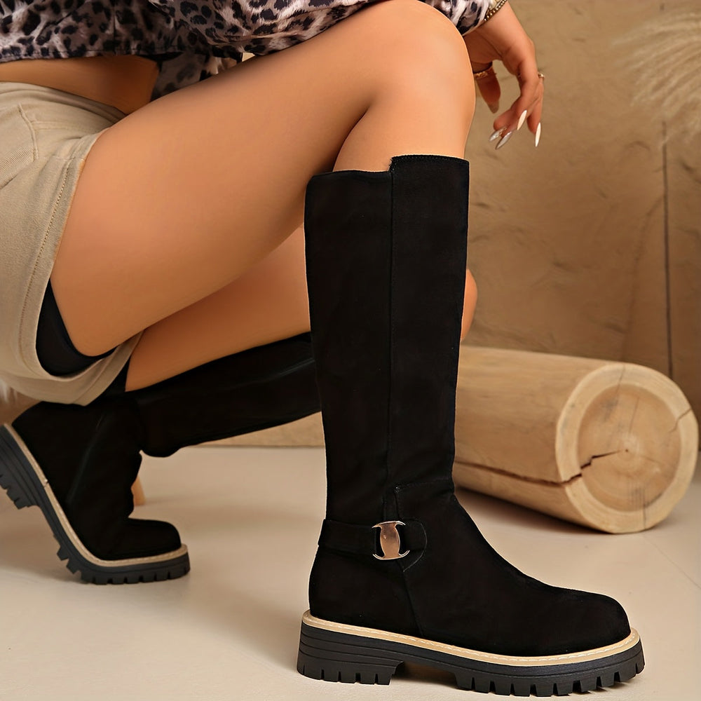 Frances | Polished Buckle Detail Knee High Boots with Lug Sole
