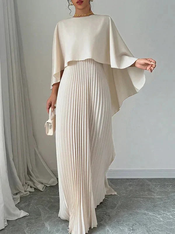 Gloria | Elegant Cape Sleeve Pleated Fall Wedding Guest Maxi Dress