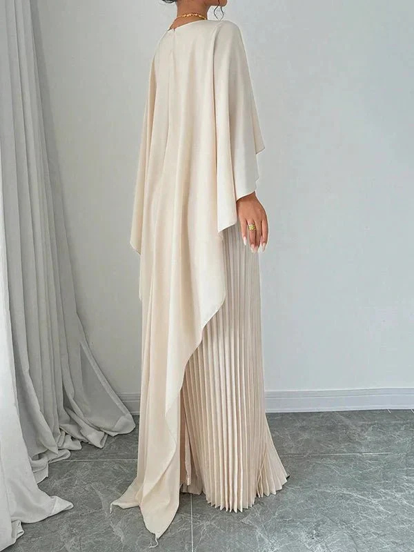 Gloria | Elegant Cape Sleeve Pleated Fall Wedding Guest Maxi Dress