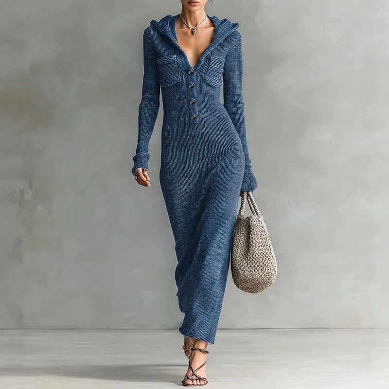 Gloria | Elegant Hooded Ribbed Knit Sweater Dress