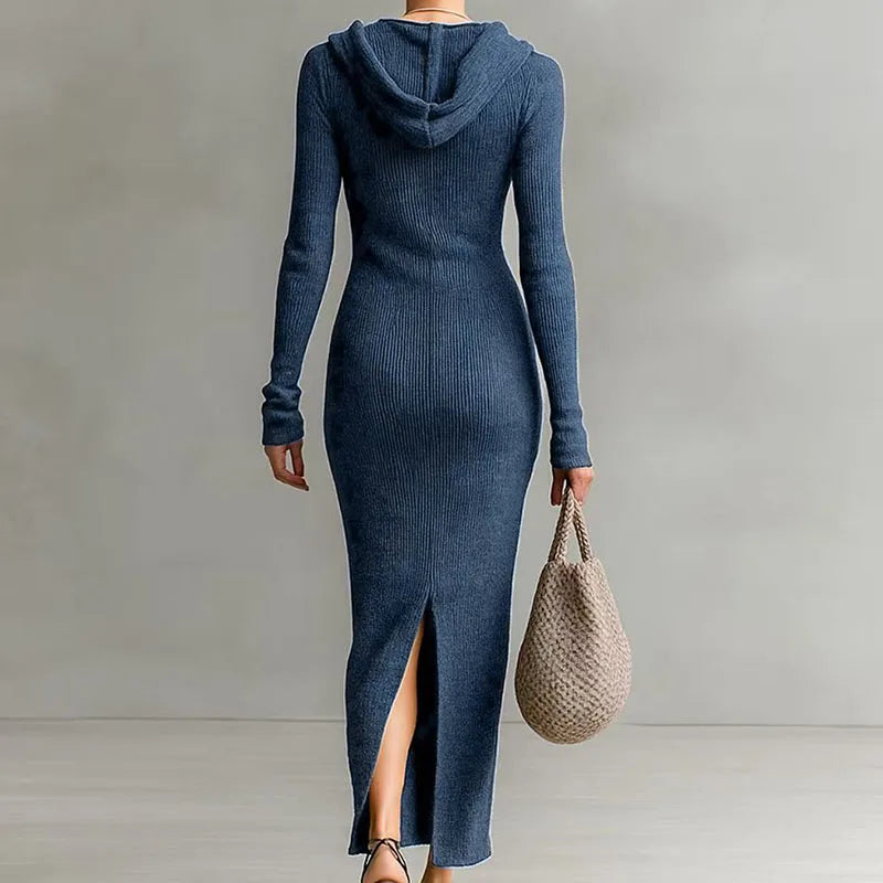 Gloria | Elegant Hooded Ribbed Knit Sweater Dress