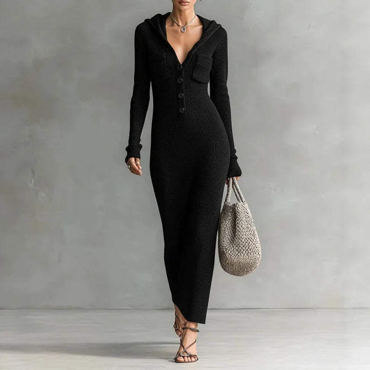 Gloria | Elegant Hooded Ribbed Knit Sweater Dress