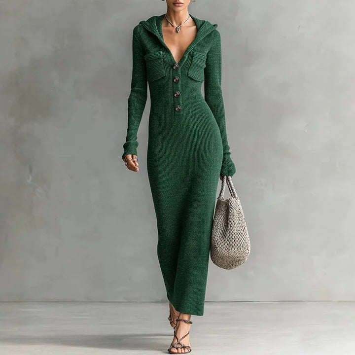Gloria | Elegant Hooded Ribbed Knit Sweater Dress
