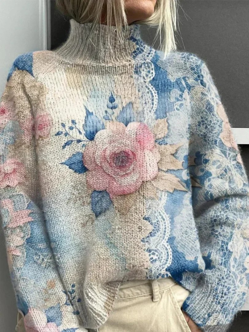 Hannah | Classic Floral Knit Turtleneck Sweater