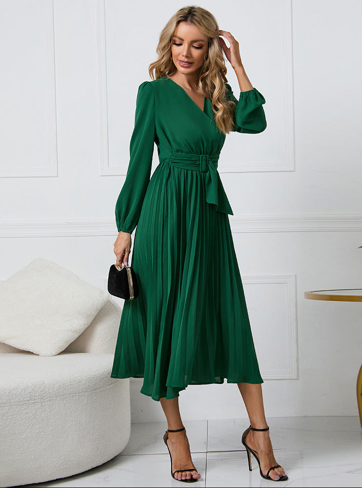 Hannah | Cozy Wrap Pleated Fall Wedding Guest Midi Dress