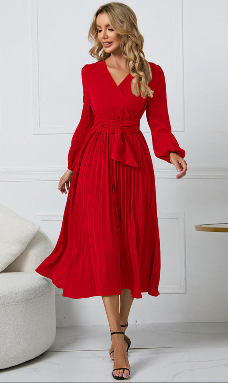 Hannah | Cozy Wrap Pleated Fall Wedding Guest Midi Dress