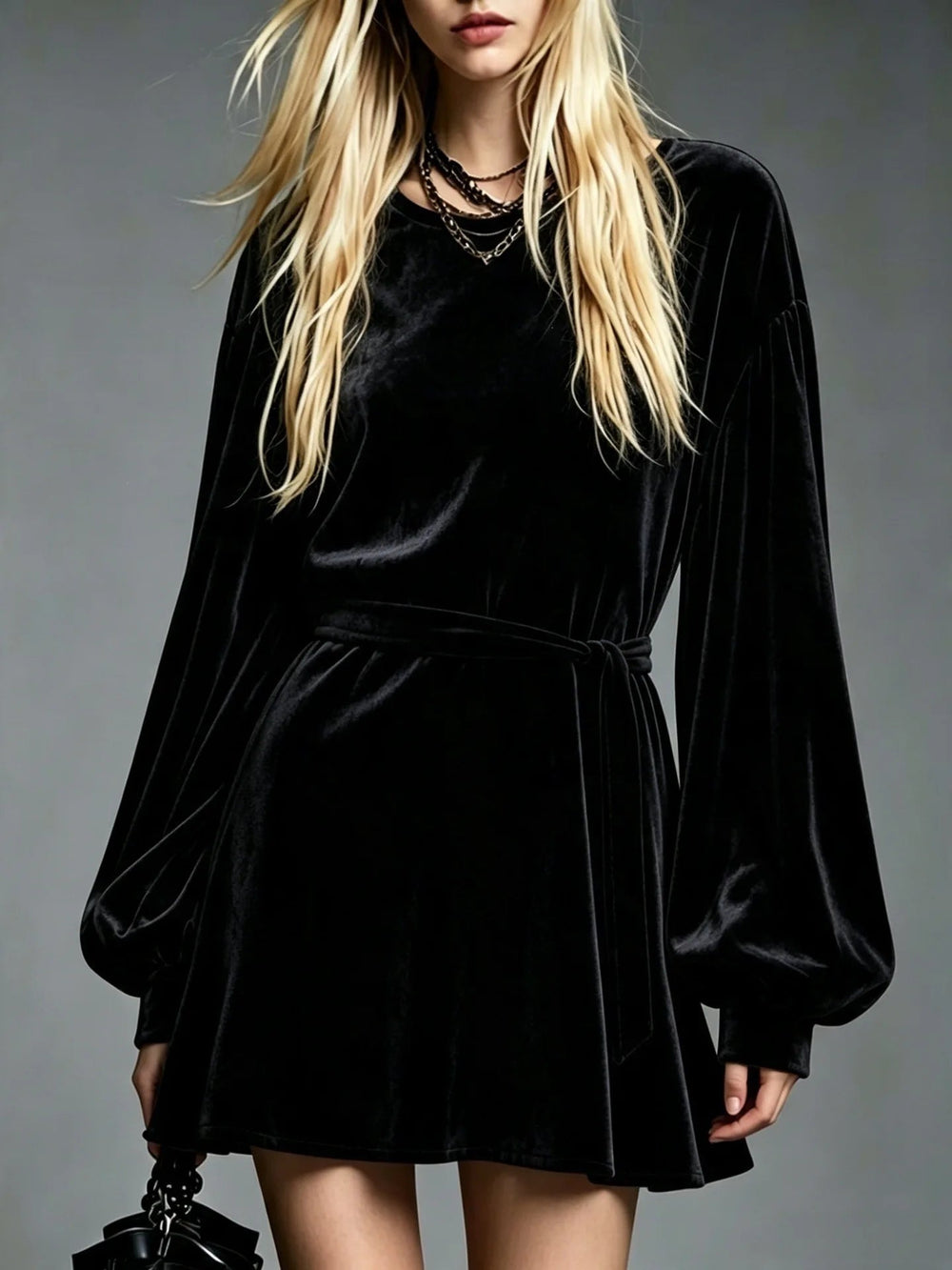 Hannah | Graceful Belted Velvet Mini Dress with Bishop Sleeves