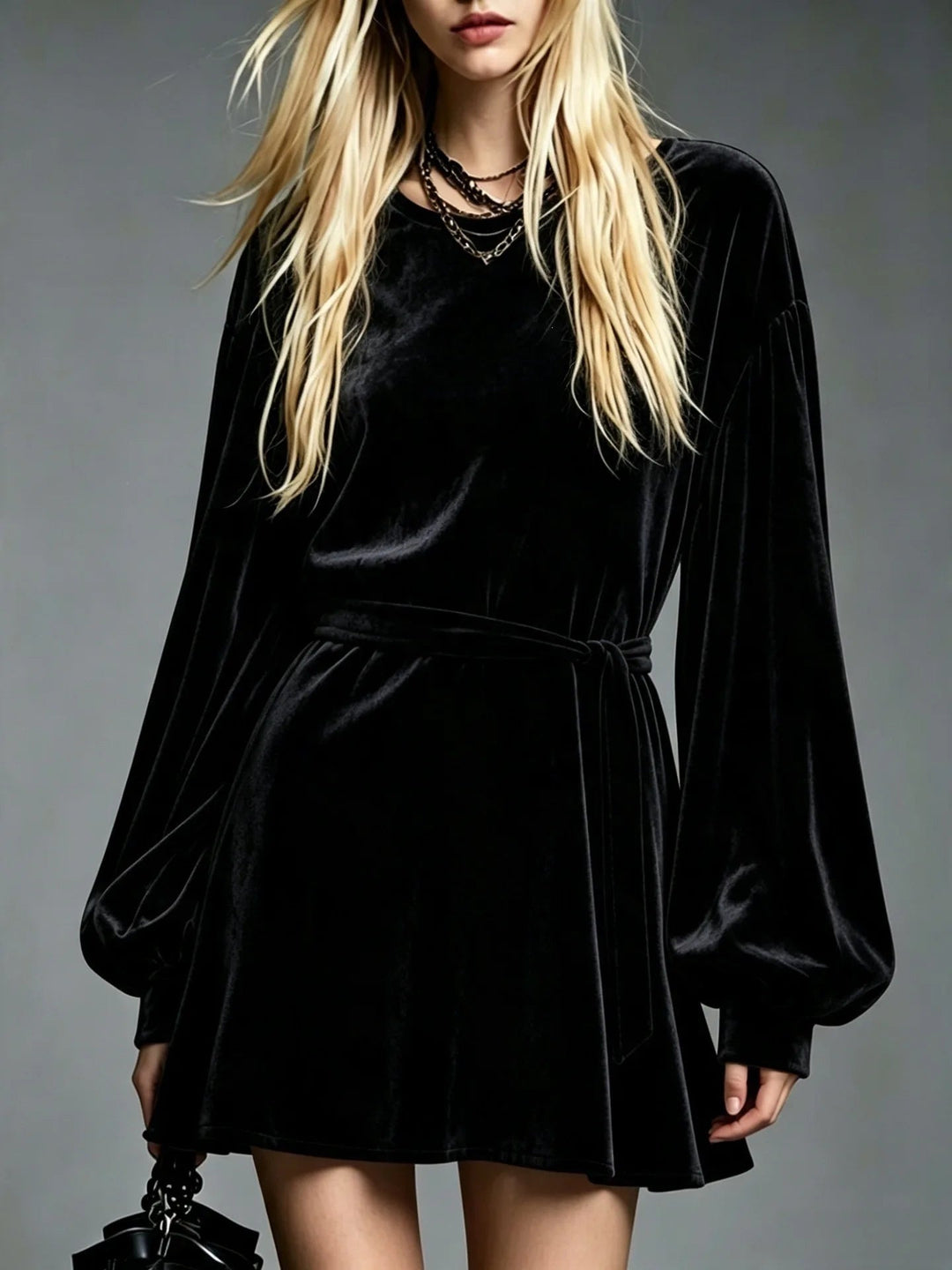 Hannah | Graceful Belted Velvet Mini Dress with Bishop Sleeves