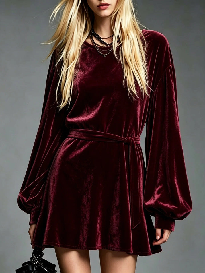 Hannah | Graceful Belted Velvet Mini Dress with Bishop Sleeves