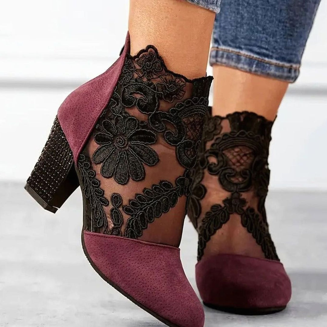 Hannah | Polished Floral Lace Block Heel Ankle Boots