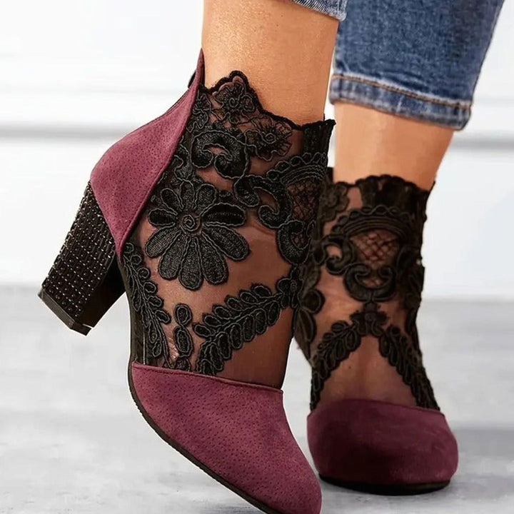 Hannah | Polished Floral Lace Block Heel Ankle Boots