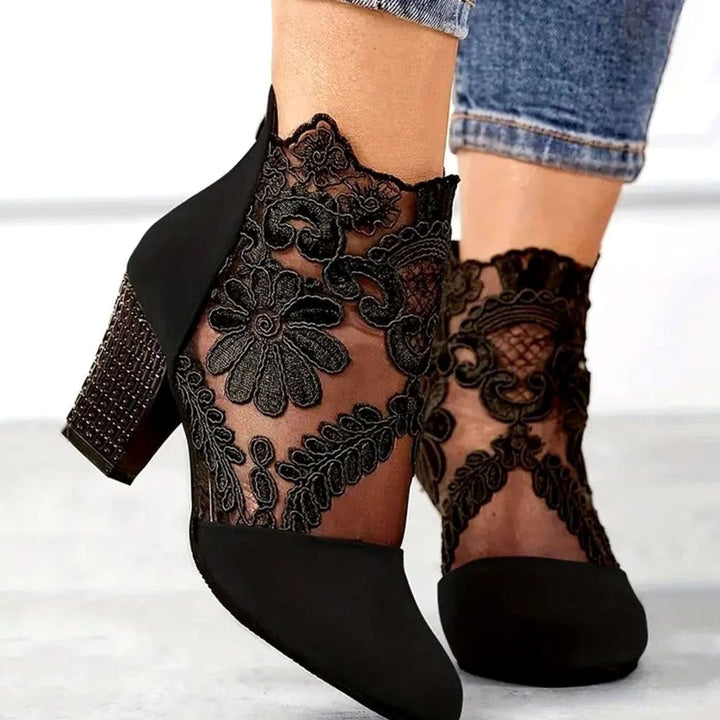 Hannah | Polished Floral Lace Block Heel Ankle Boots