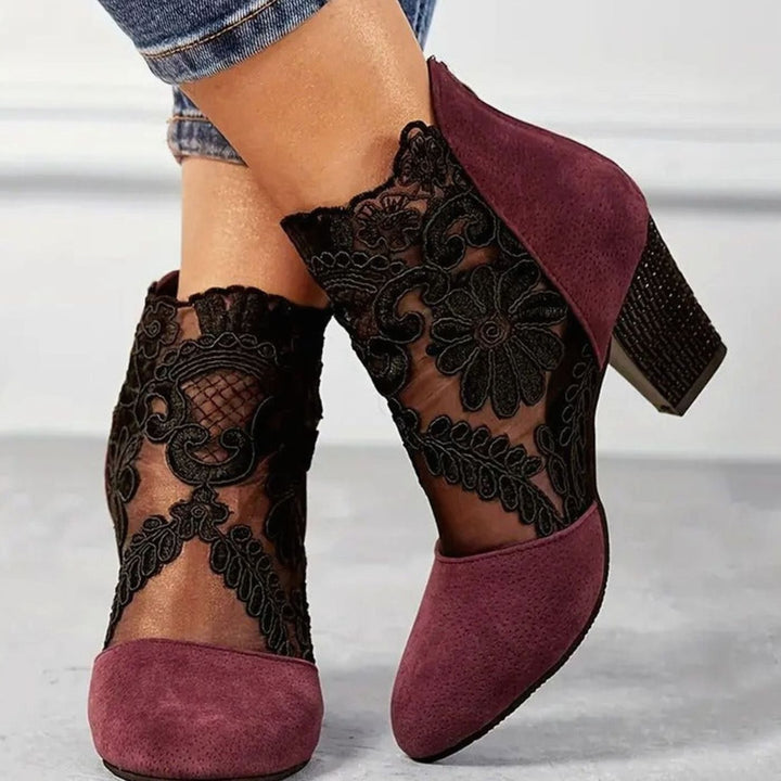 Hannah | Polished Floral Lace Block Heel Ankle Boots