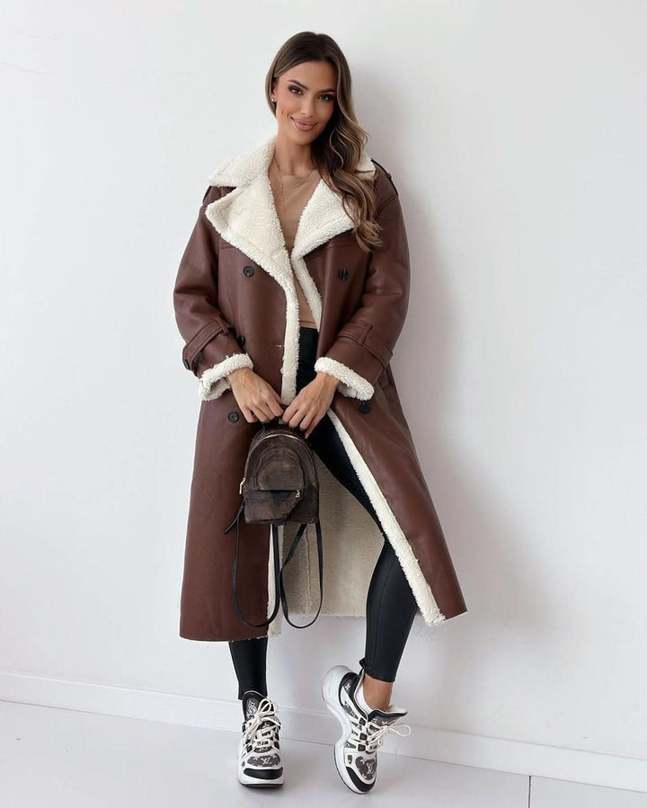 Hannah | Refined Shearling Trim Double Breasted Camel Coat