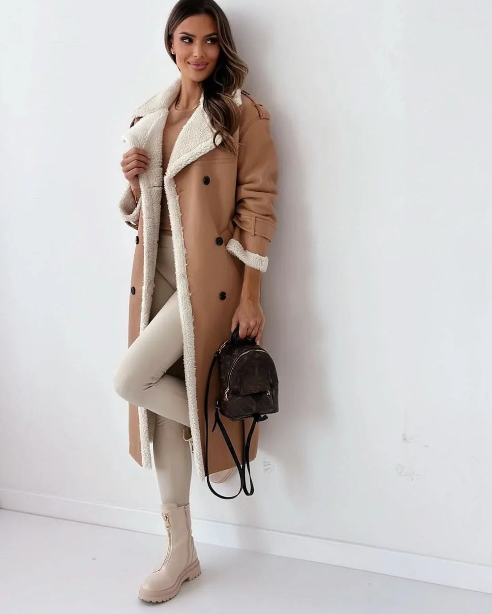 Hannah | Refined Shearling Trim Double Breasted Camel Coat