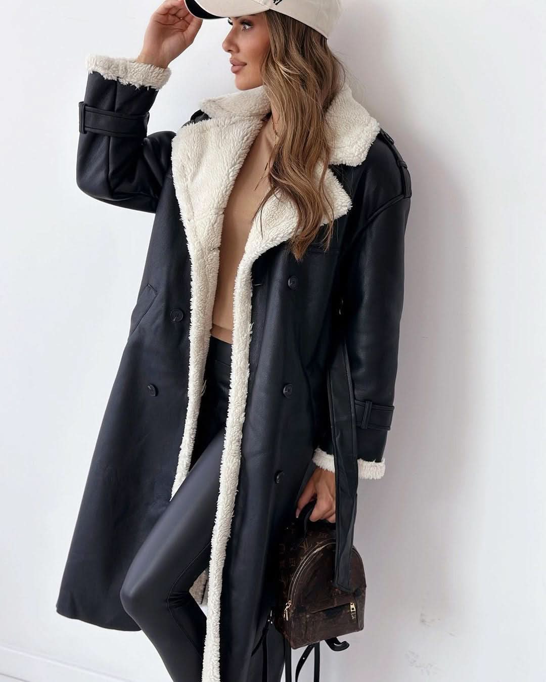 Hannah | Refined Shearling Trim Double Breasted Camel Coat