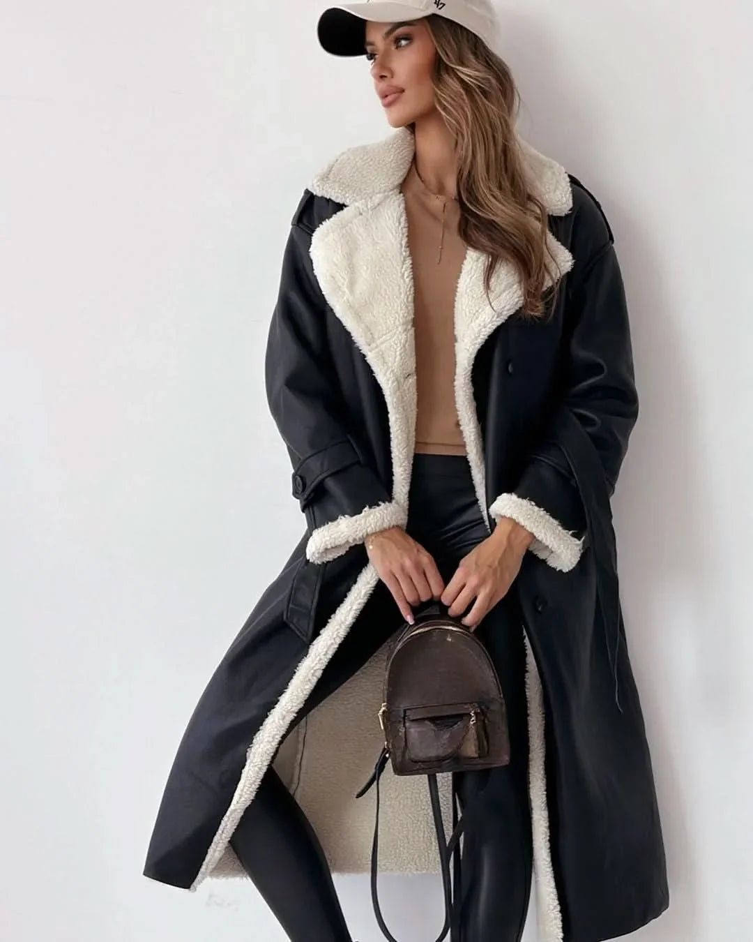 Hannah | Refined Shearling Trim Double Breasted Camel Coat