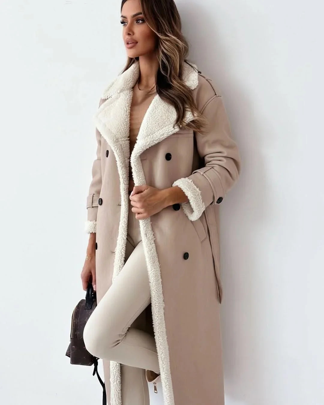 Hannah | Refined Shearling Trim Double Breasted Camel Coat