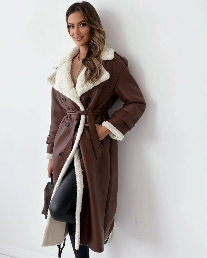 Hannah | Refined Shearling Trim Double Breasted Camel Coat