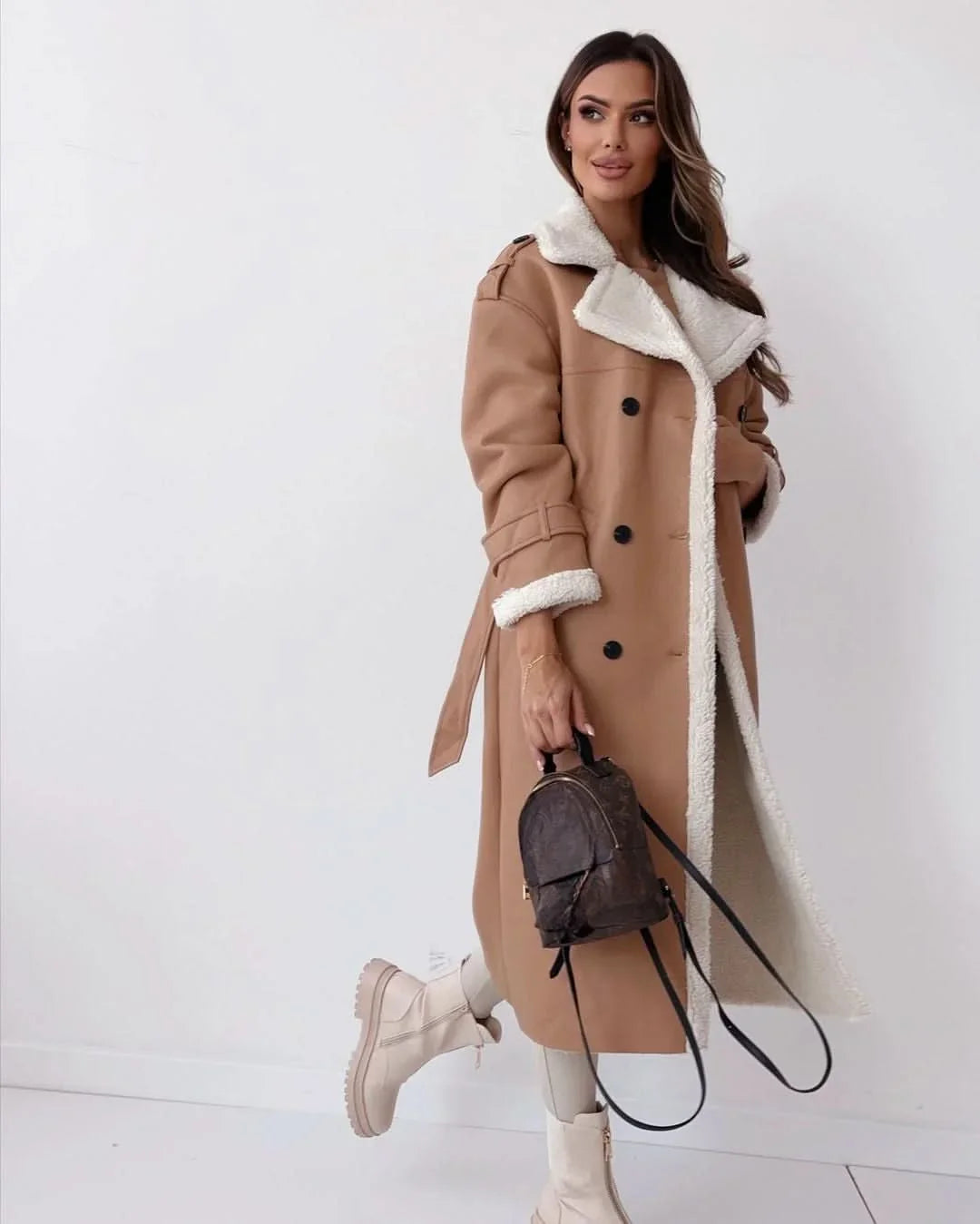 Hannah | Refined Shearling Trim Double Breasted Camel Coat