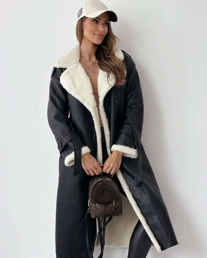 Hannah | Refined Shearling Trim Double Breasted Camel Coat