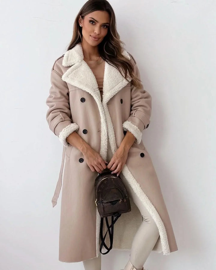 Hannah | Refined Shearling Trim Double Breasted Camel Coat