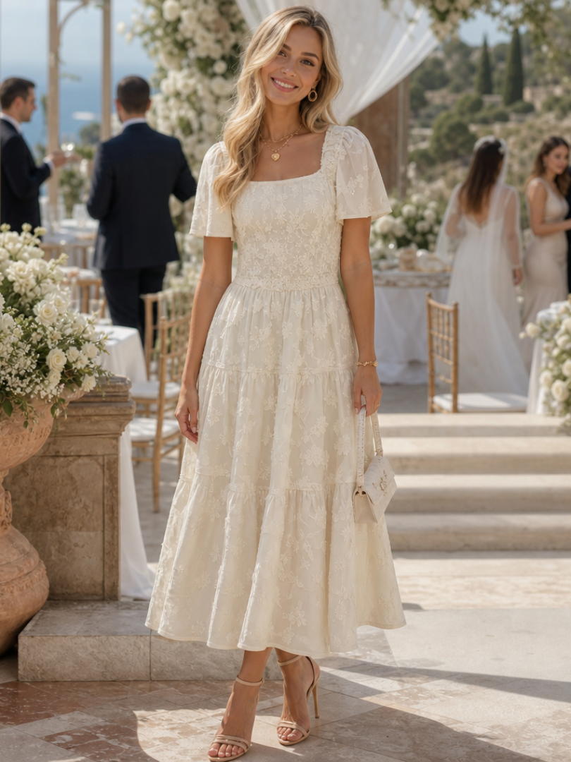 Heather | Chic Textured Floral Tiered Midi Holiday Dress