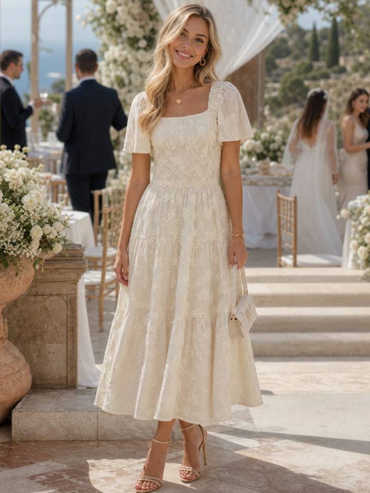 Heather | Chic Textured Floral Tiered Midi Holiday Dress