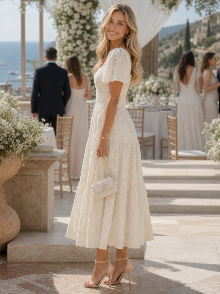 Heather | Chic Textured Floral Tiered Midi Holiday Dress