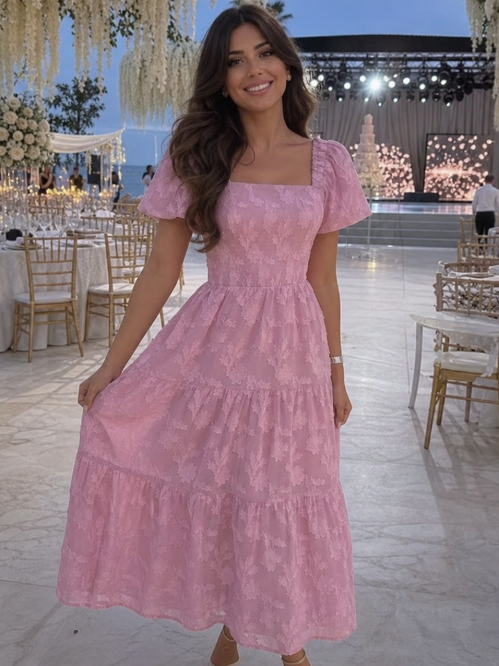 Heather | Chic Textured Floral Tiered Midi Holiday Dress