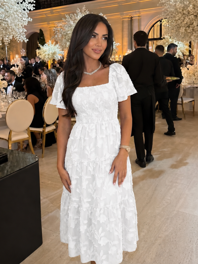 Heather | Chic Textured Floral Tiered Midi Holiday Dress