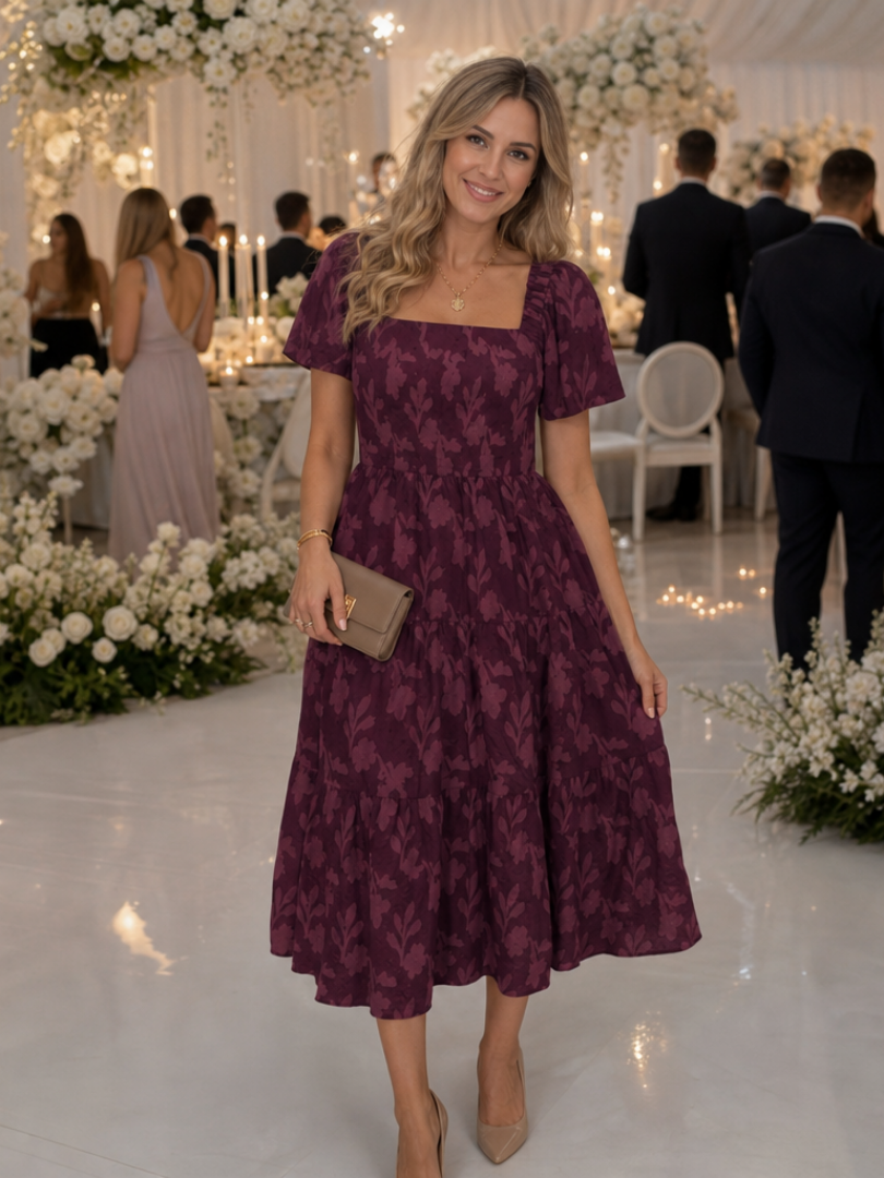 Heather | Chic Textured Floral Tiered Midi Holiday Dress