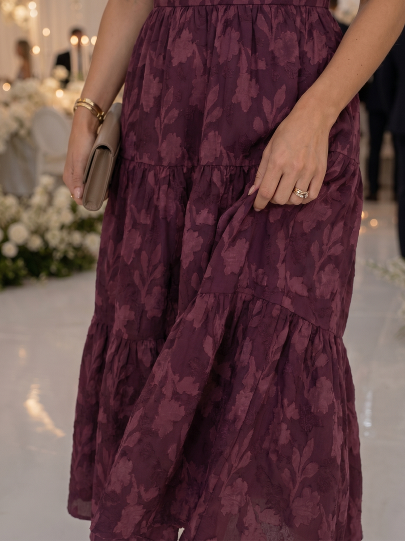 Heather | Chic Textured Floral Tiered Midi Holiday Dress