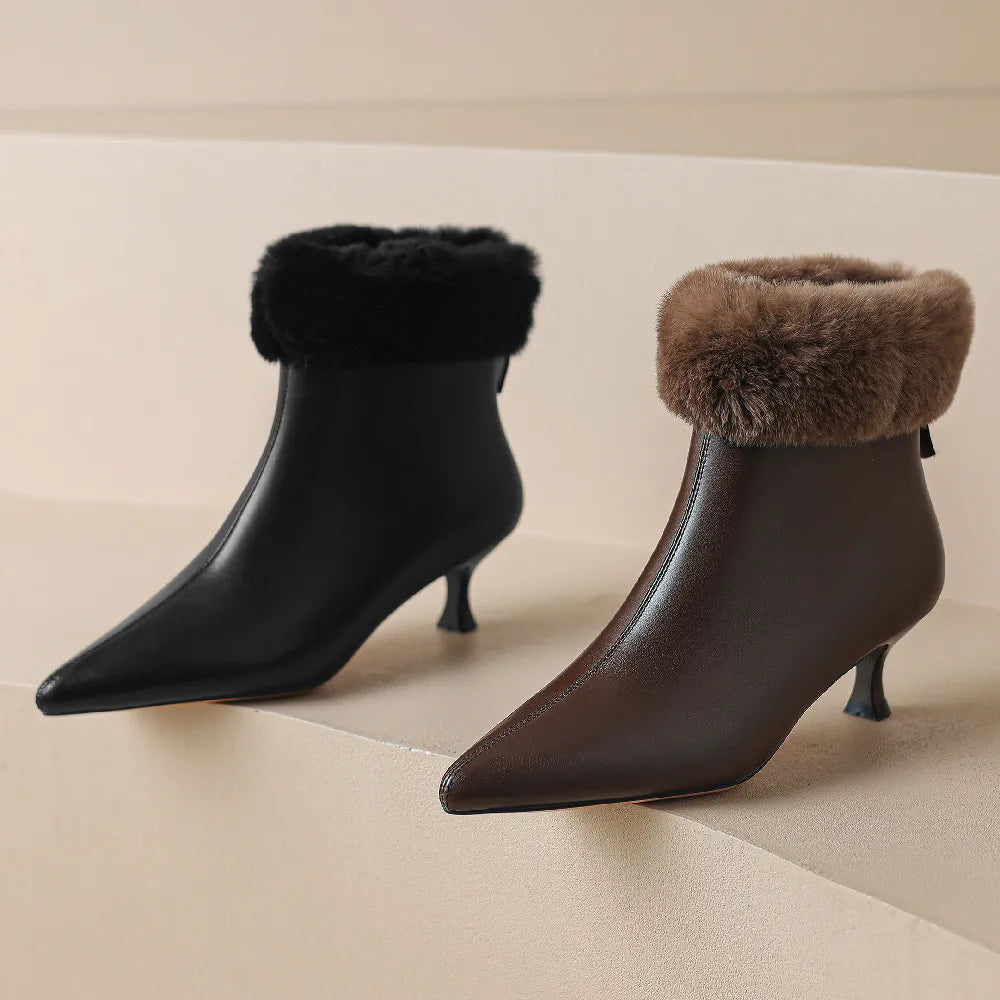 Heather | Cozy Fur-Trim Kitten Heel Ankle Boots