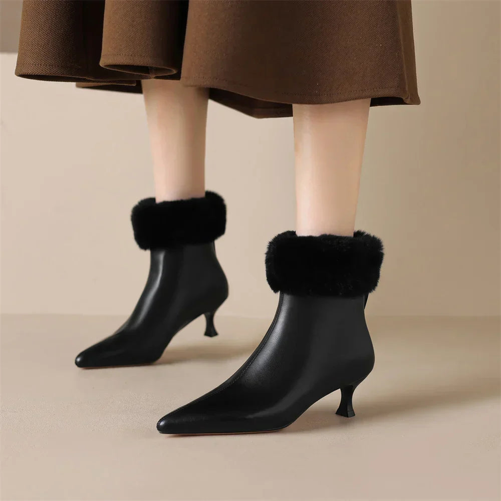 Heather | Cozy Fur-Trim Kitten Heel Ankle Boots
