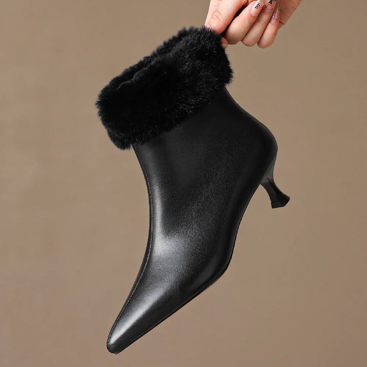 Heather | Cozy Fur-Trim Kitten Heel Ankle Boots