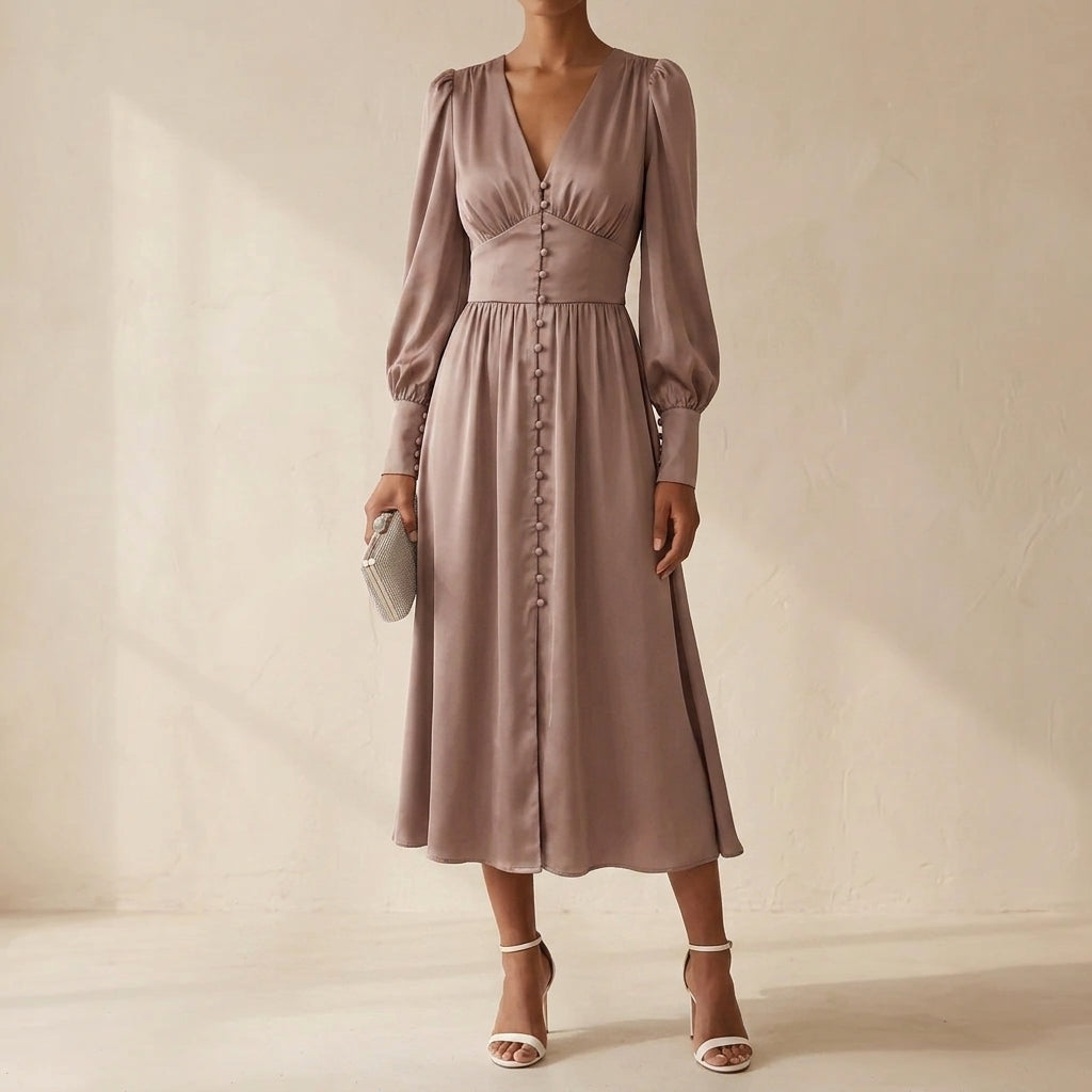 Heather | Polished Button-Front Fall Wedding Guest Midi Dress
