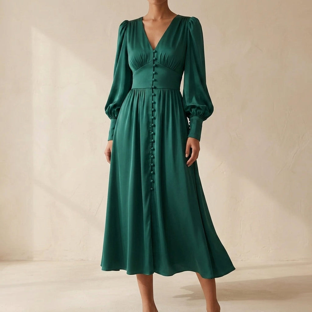 Heather | Polished Button-Front Fall Wedding Guest Midi Dress