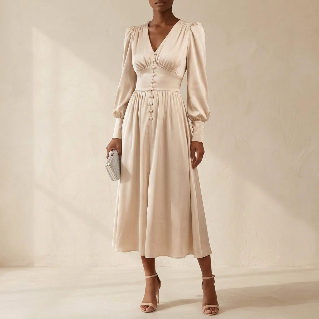 Heather | Polished Button-Front Fall Wedding Guest Midi Dress