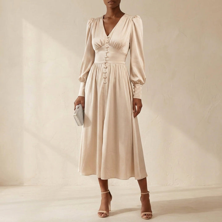 Heather | Polished Button-Front Fall Wedding Guest Midi Dress